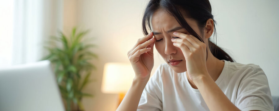 Asian woman rubs tired eyes after laptop work. She experiences dry eye, strain, and migraine. She seeks relief from vision pain. Her eyes are red and irritated.