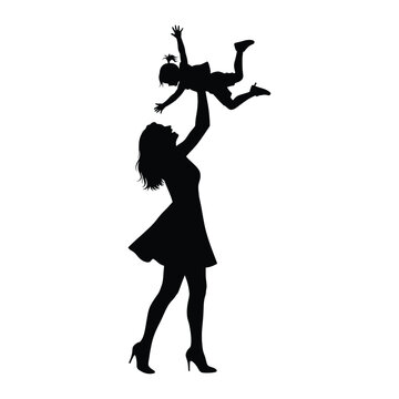 Silhouette of a woman lifting a child isolated on white background