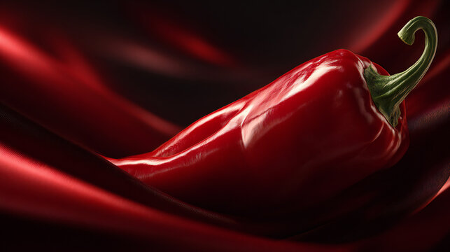 Fresh red Italian sweet pepper resting on silky red fabric background with elegant lighting. Premium produce concept for gourmet cooking, natural ingredient branding and healthy food advertising.