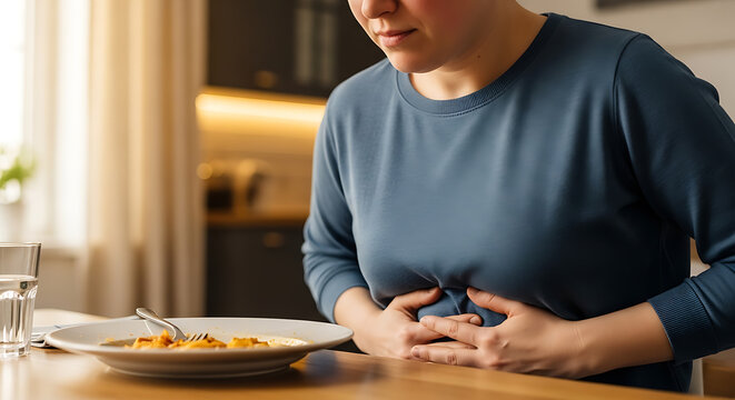 Woman experiencing stomach pain after eating a meal at home.