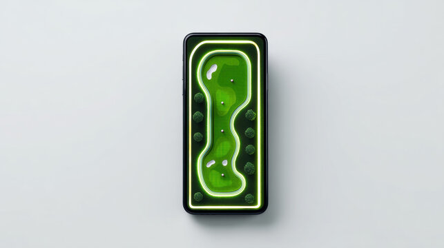 Smartphone displaying miniature green golf course map isolated on clean background. Mobile sports app concept for golf booking, course planner, navigation and outdoor recreation technology.