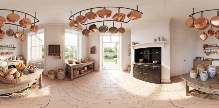 Bright, inviting 360-degree traditional kitchen with hanging copper pots, terracotta floor, vintage range, and garden view. Natural light creates a warm, rustic ambiance.