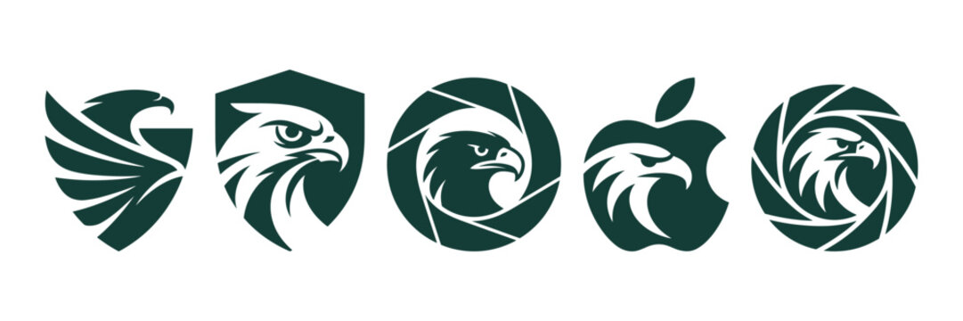 Collection of green eagle logos on with various shapes