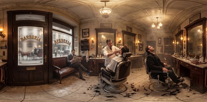 Step into a classic Barbershop where a barber provides a close shave and another client reads a newspaper. Authentic retro decor, warm lighting, and historical charm.
