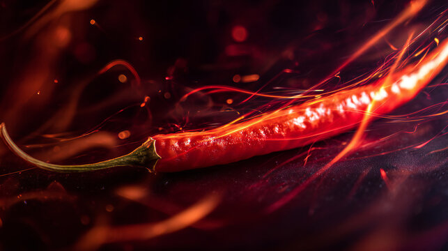 Close up red Thai spur chili pepper with glowing energy streaks and dark moody background. Creative concept for hot spicy ingredient and intense flavor.
