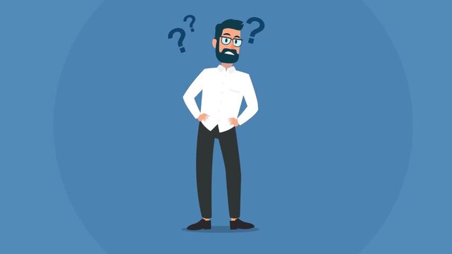 Confused Businessman Thinking with Question Marks, Concept of Decision Making, Problem Solving, and Uncertainty, 2D Flat Animation