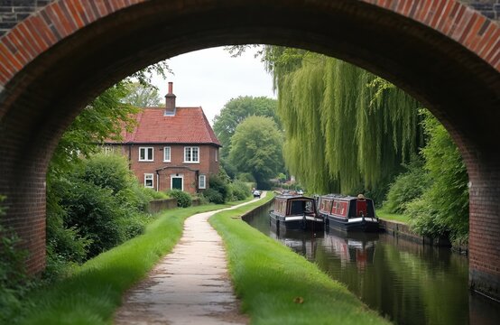 Brick bridge arch frames tranquil canal scene. Narrowboats moor along path beside brick house and weeping willow trees. Gentle waterway flows through green landscape.