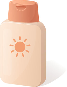 Sunscreen SPF bottle vector with sun icon, UV protection cosmetic for skincare branding, summer campaign, packaging, and product design