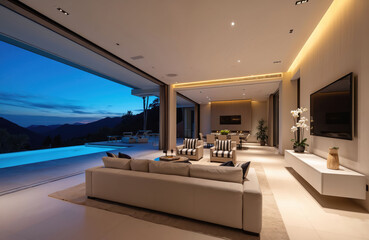 Obraz premium Spacious modern villa with infinity pool at twilight. Luxury open plan living area and dining space. Mountain landscape visible through large glass doors.