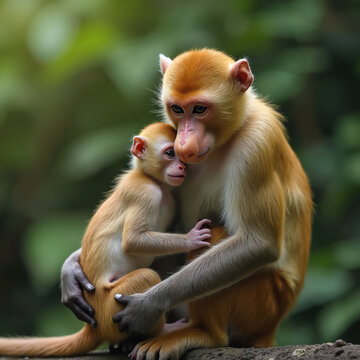 Mother proboscis monkey hugs baby. Primate animal family shows love and care in lush green forest habitat. Endangered species protect young.