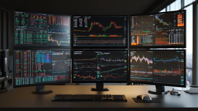 Stock market trading station with multiple computer screens displaying charts