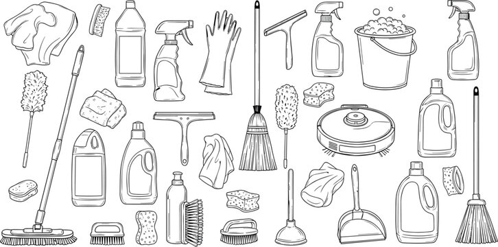 
Cleaning Supplies Outline Doodle Set with Mop Broom Bucket Spray Sponge Brush Glove and Household Tool Elements