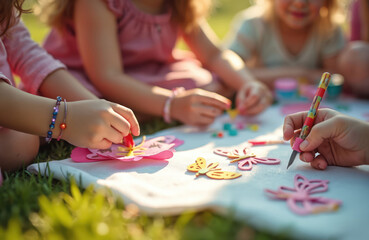 Naklejka premium Children hands create butterfly crafts outdoors. Kids paint and glue paper shapes. Youngsters enjoy creative art project on grass. Fun family hobby.