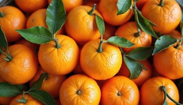 Pile of ripe oranges and mandarins with green leaves. Fresh citrus fruits ready for eating or juicing. Healthy food concept with bright orange colour.