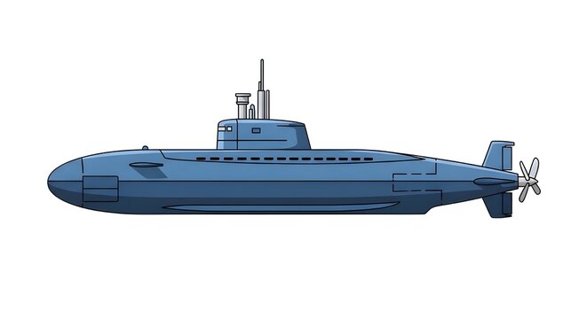 A clean vector illustration showing the side profile of a classic navy blue military submarine with a propeller and periscope for naval operations.