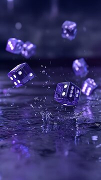 Glowing purple and white geometric cubes floating in dark water with splashes and light trails