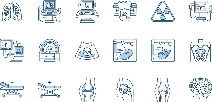 Colorful medical diagnostic icon vector illustration featuring X‑rays, MRI, ultrasound, heart monitor, brain scan, and hospital equipment