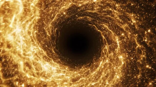 A swirling black hole in space with bright orange and yellow lights.
