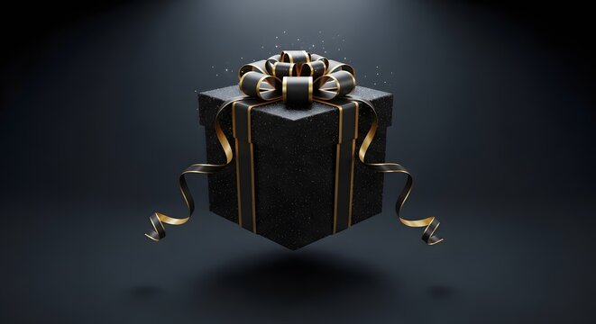 Luxury black gift box, elegant present with gold ribbon, premium floating surprise package