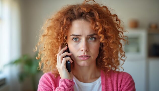 Woman with curly red hair listens on phone, looks worried and serious. She talks to someone on mobile, appears upset about bad news. Indoor home setting, close up face shot.