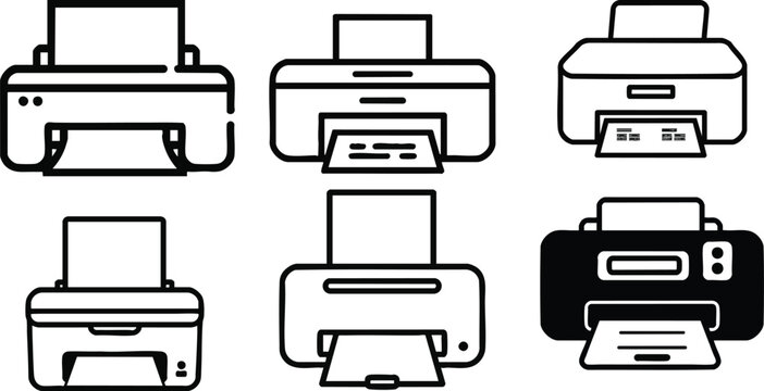 Vector Icon of a Printer Device in Outline Style, Rectangular Body with Paper Output, Minimal Line Art Design, Isolated on White Background, Office Printing and Document Output Symbol Illustration