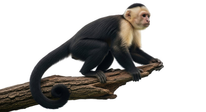 Capuchin monkey on branch, isolated on transparent background