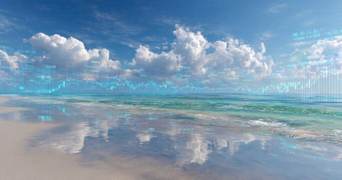 Tranquil beach scene with clear sky and digital data overlay