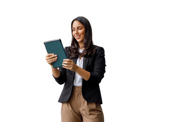 Naklejka premium Businesswoman standing, looking down at digital tablet, smiling while working with mobile technology, using smart device