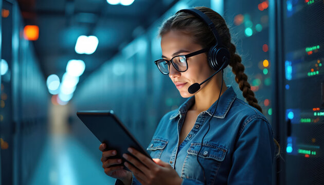 Woman engineer with headset talks on mic using tablet. She works in server room checking computer systems. Technician monitors data center tech. Tech support job.