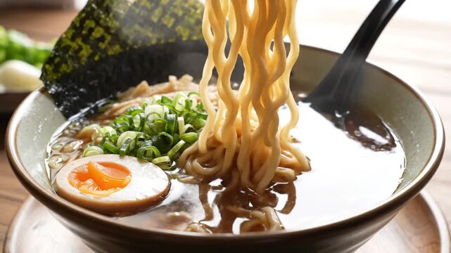 Delicious bowl of steaming hot ramen with soft-boiled egg and fresh toppings