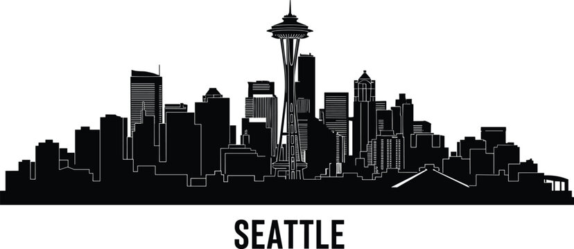 A striking black silhouette depicts the seattle skyline showcasing the space needle and surrounding buildings high quality professional detailed modern elegant