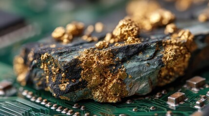 Fototapeta premium Close up of gold ore embedded in rock on a circuit board background