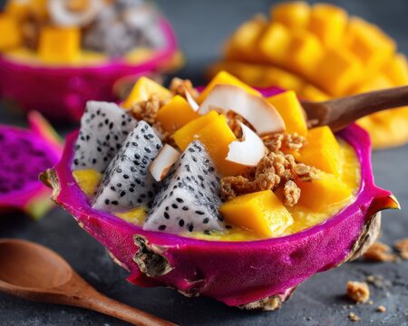 Tropical dragon fruit bowl with mango smoothie, granola and coconut chips. Bright healthy breakfast with fresh fruit and vibrant colors on light background, top view.
