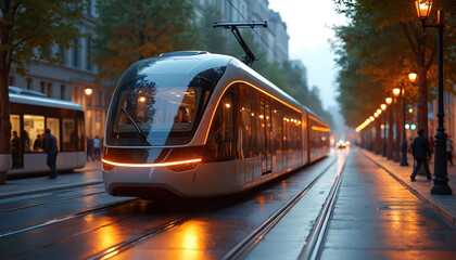 Obraz premium Modern tram travels on wet city street at dusk. Streetlights illuminate trees and wet pavement along tram tracks. People walk on sidewalk near streetcar line.