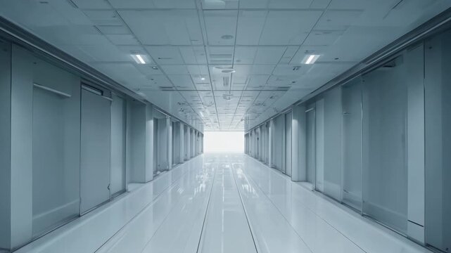 Bright corridor with reflective floor and illuminated ceiling lights, leading to a distant light source, showcasing a modern architectural design in a spacious interior setting