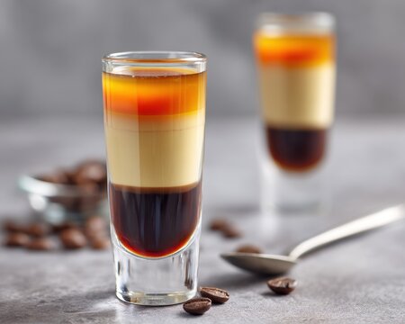 Layered cocktail shots with dark coffee liqueur, creamy middle and golden top in tall glasses. Coffee beans scattered, elegant B52 style drink on clean background