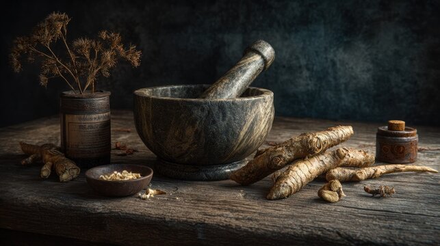 Rustic mortar and pestle with herbs and roots on a wooden table