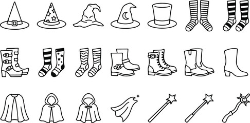 Set of 21 wizard and witch costume icons featuring magical hats, striped socks, gothic boots, hooded cloaks, and magic wands in a clean black line art style. © PNG Stock world 