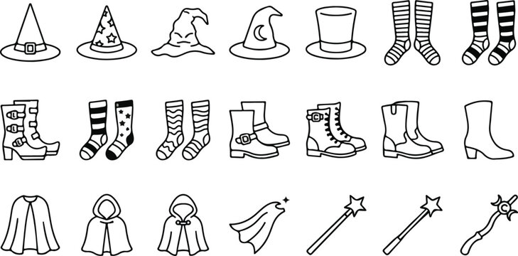 Set of 21 wizard and witch costume icons featuring magical hats, striped socks, gothic boots, hooded cloaks, and magic wands in a clean black line art style.