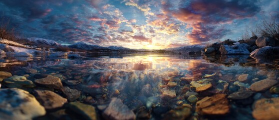 Fototapeta premium Tranquil landscape scene with water reflections of colorful sky during sunset