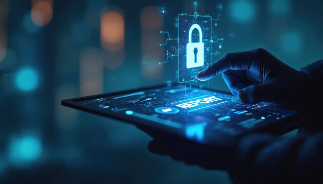 Gloved hand touches digital tablet interface with glowing report button and padlock icon. Futuristic cybersecurity concept for data protection and incident management on screen.