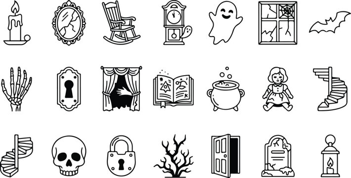 Set of 21 haunted house and paranormal icons featuring spooky furniture, ghosts, gothic decor, and mysterious mansion elements in a clean line art style.