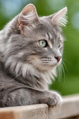 Fototapeta premium Gray cat resting on wooden fence with green foliage in the background, showcasing its striking green eyes and soft fur texture in a serene garden setting