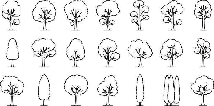 Outline Tree Icons Set Collection with Various Shapes Branches for Nature Forest Park Design