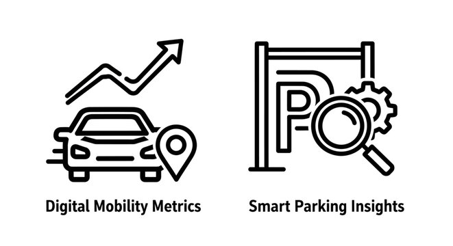 Digital mobility metrics and smart parking insights icons with magnifying glass