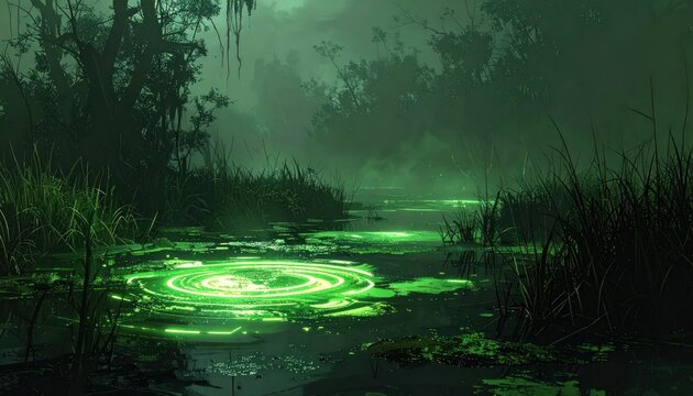 Mysterious Green Swamp with Bioluminescent Water.