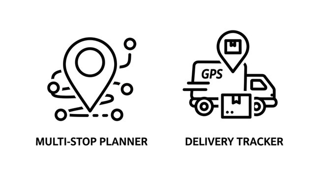 Multi-stop route planner and delivery tracker logistics icons with delivery