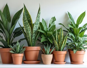 Fototapeta premium Assortment of green houseplants in terracotta pots arranged on shelf. Various leafy plants like snake plant and succulent add natural decor to indoor space. Home garden arrangement.