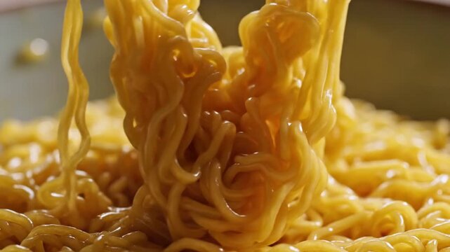 Close-up sequence capturing the dripping and lifting of steaming hot instant