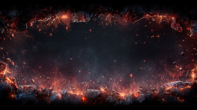 Dramatic night sky with swirling red and orange nebula clouds, cosmic dust and glowing stars in deep space